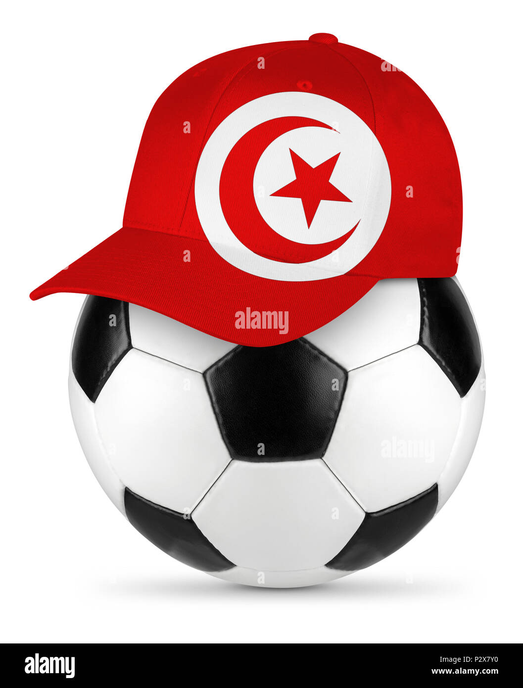 Classic black white leather soccer ball tunisia tunisia flag baseball fan cap isolated background sport football concept Stock Photo