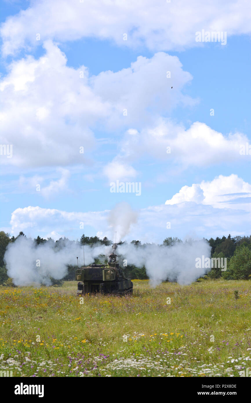 A M109a6 Paladin From 1st Battalion 41st Field Artillery Regiment Fires A Round As Part Of A Coastal Defense Demonstration At Kairiai Training Area Lithuania August 2 During Exercise Flaming Thunder The