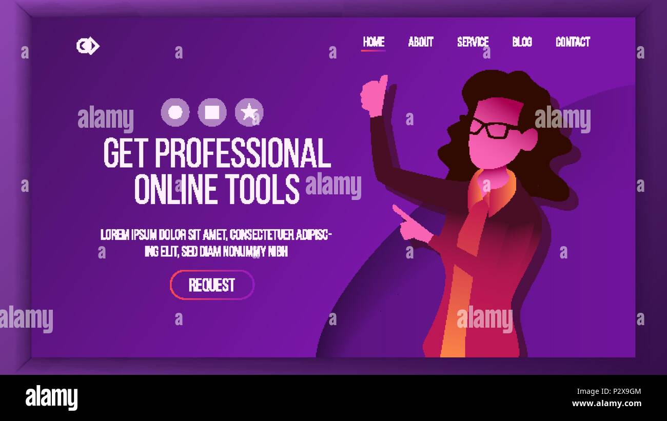 Design Tools Landing Page Vector. Woman. Main site Page Design. Modern Style. Businesswoman
