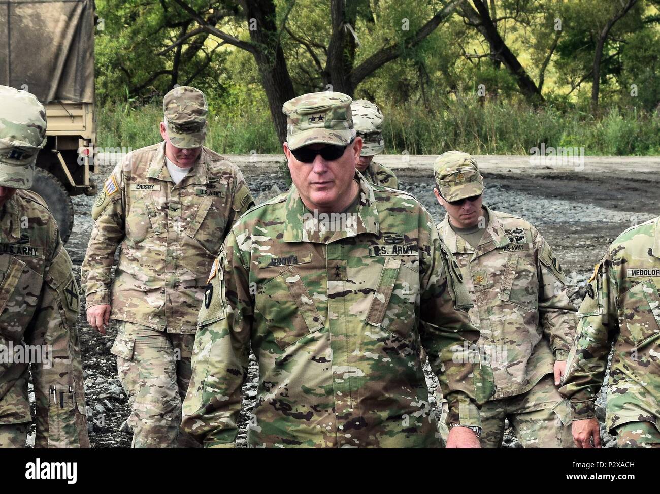 Maj. Gen. James Brown, Jr. (center), Deputy Commanding General Reserve Components, U.S. Army, arrives at Cincu, Romania on August 2, 2016 during Operation Resolute Castle, a military construction project spanning across the Eastern European countries of Estonia, Hungary, Romania, and Bulgaria.  This operation is led by the Tennessee and Alabama Army National Guards.  As Deputy Commanding General of the Reserve Components, Maj. Gen. Brown serves as the primary advisor and personal representative to the Commanding General of the U.S. Army, and he used his visit as an opportunity to evaluate the  Stock Photo