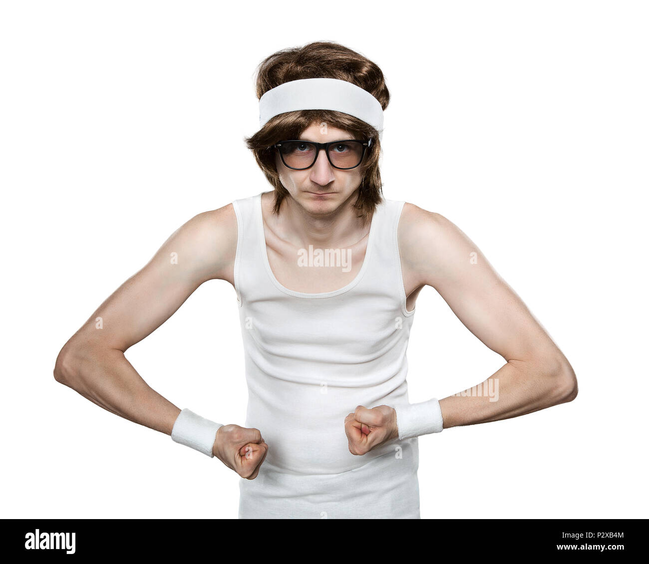 Funny skinny nerd flexing muscle Stock Photo - Alamy