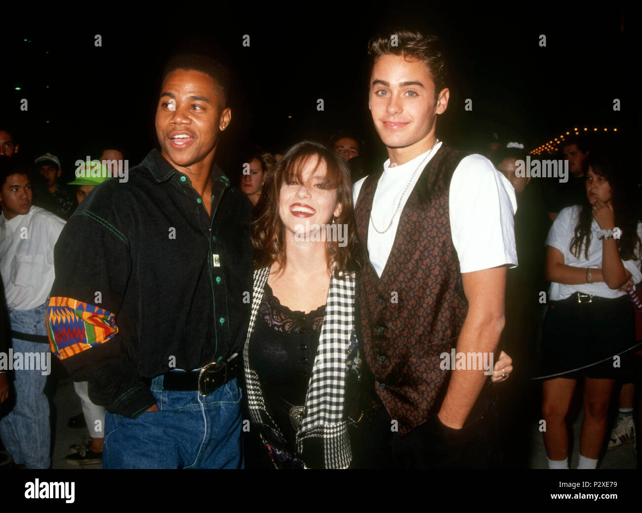 LOS ANGELES, CA - OCTOBER 17:  (L-R) Actor Cuba Gooding Jr., actress Soleil Moon Frye and actor/singer Jared Leto attend the premiere of 'Cool As Ice' on October 17, 1991 in Los Angeles, California. Photo by Barry King/Alamy Stock Photo Stock Photo