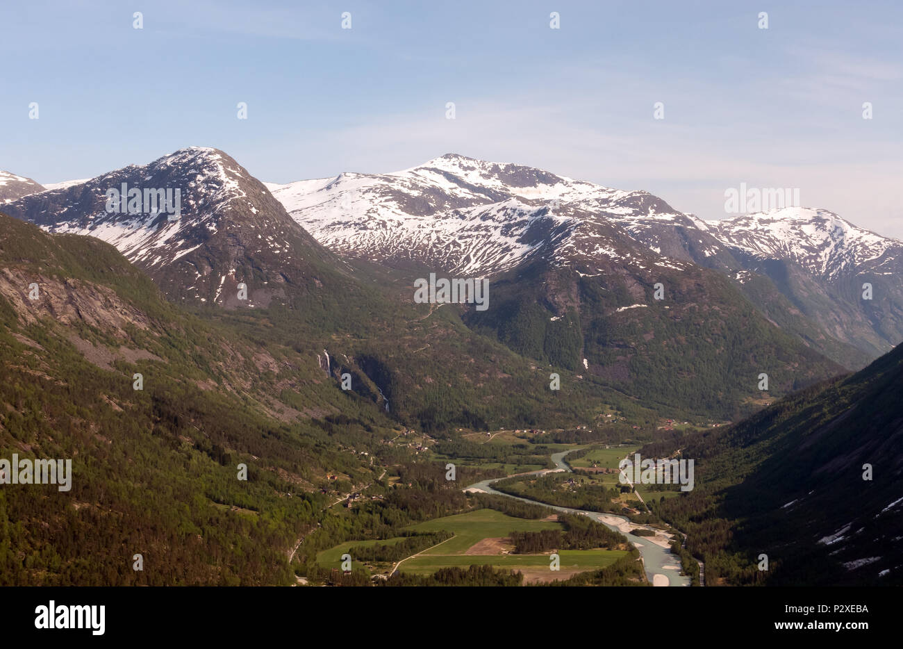 Aerial view of valley in Jostedalsbreen national park in Norway in a sunny day Stock Photo