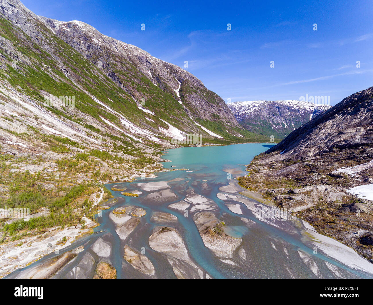 Aerial view near Nigardsbreen glacier in Nigardsvatnet Jostedalsbreen national park in Norway in a sunny day Stock Photo