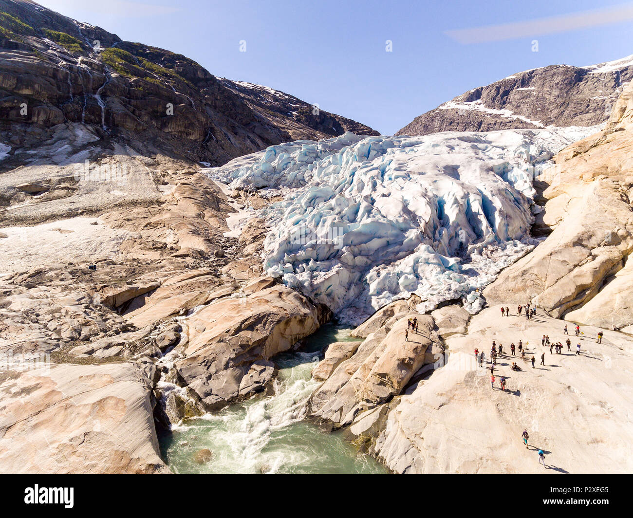 Aerial drone of Nigardsbreen glacier in Nigardsvatnet Jostedalsbreen national park in Norway in a sunny day Stock Photo