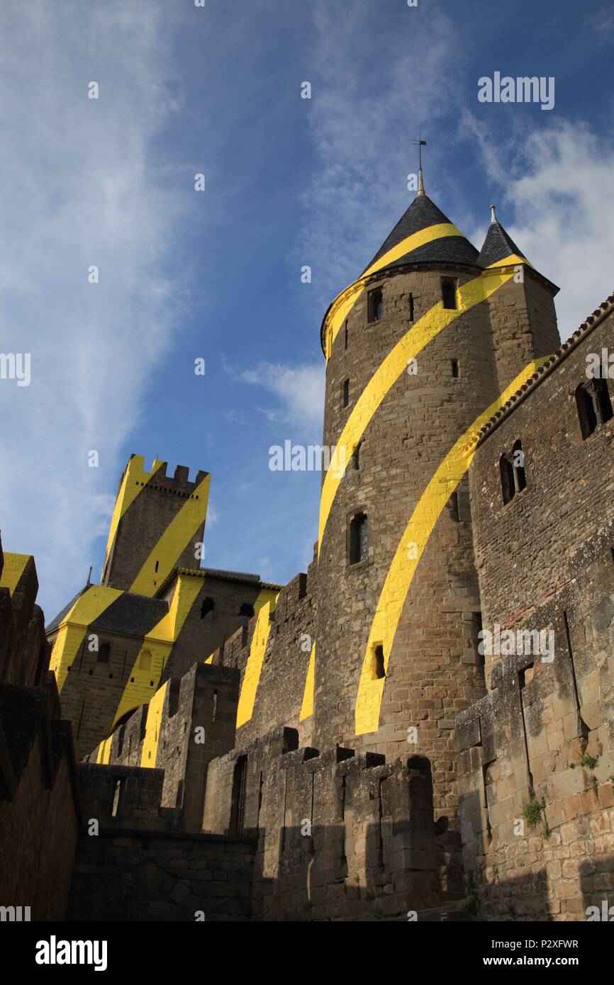 Felice Varini's concentric yellow circles on the walls of Carcassonne old city. Celebration in 2018 of 20 years as UNESCO World Heritage site. Stock Photo