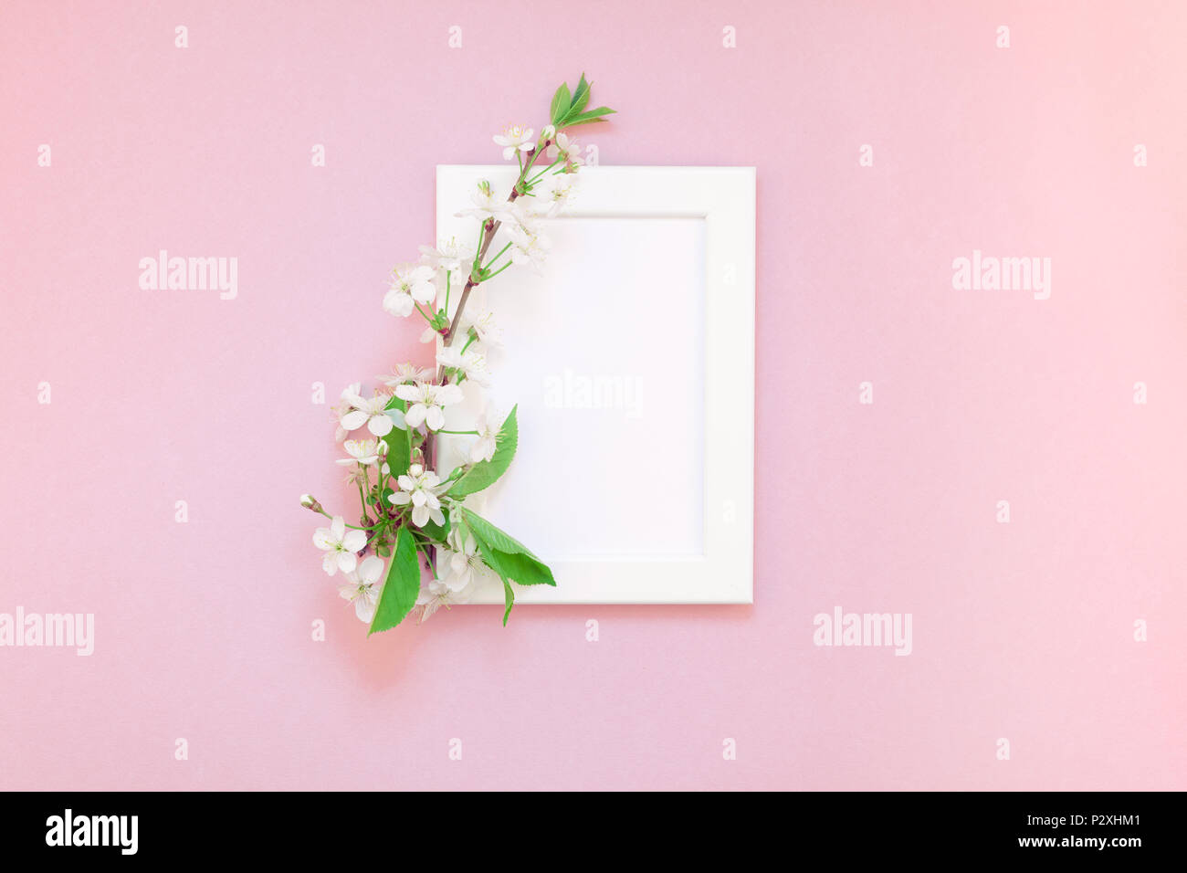 Creative flat lay concept top view of blank frame mock up and cherry ...