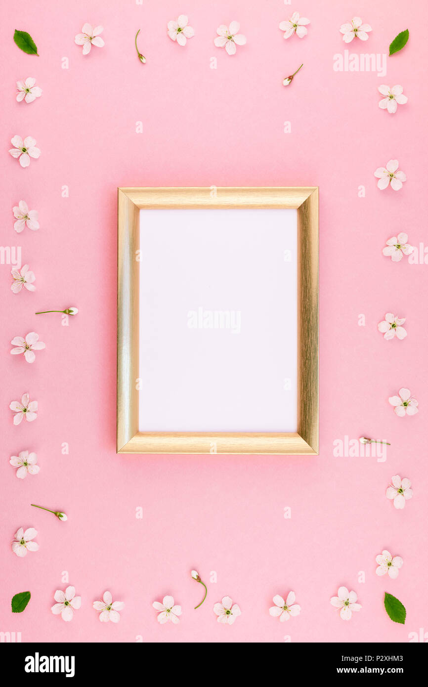 Creative flat lay concept top view of blank frame mock up and cherry ...