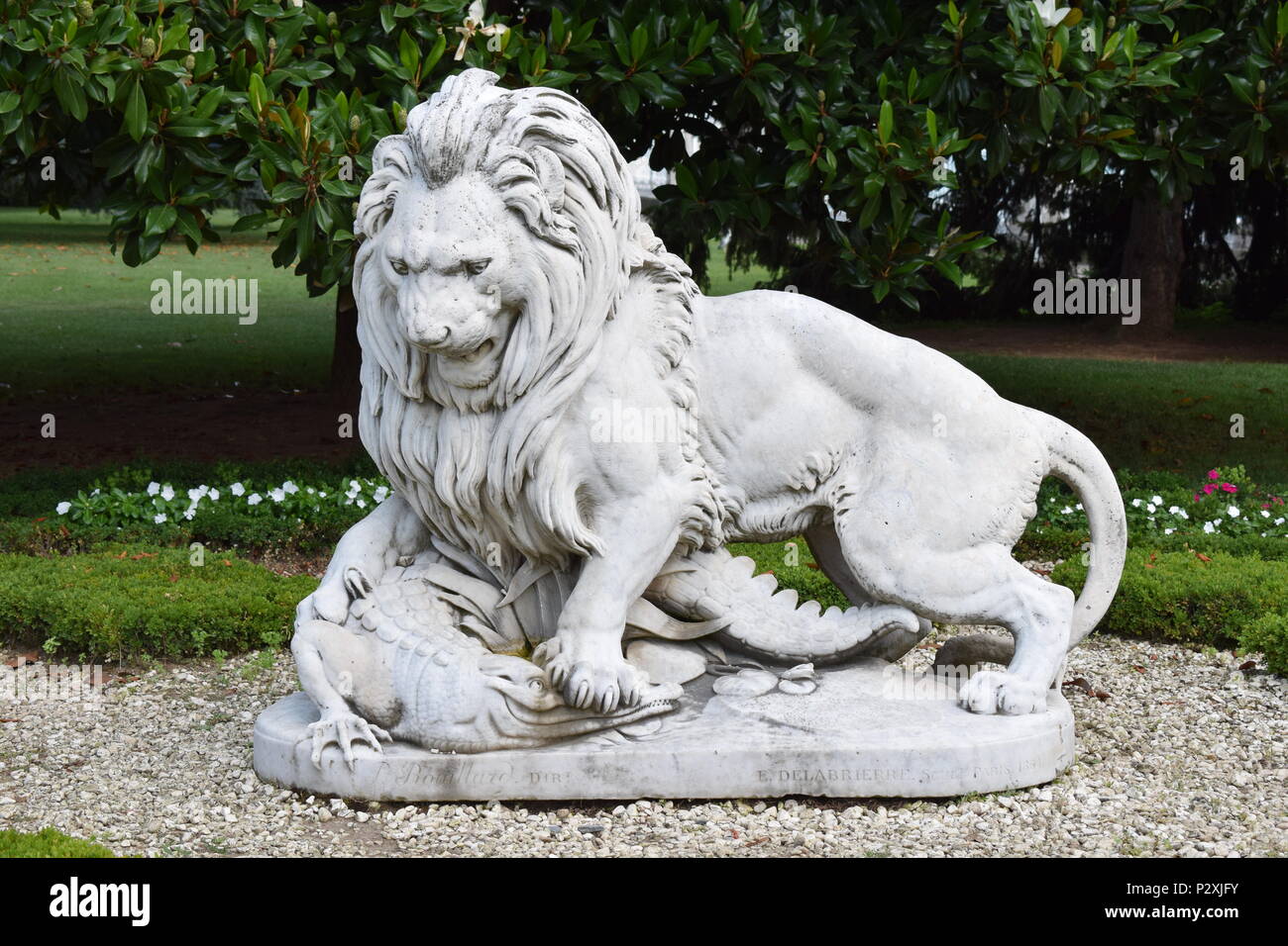 Lion fighting crocodile white statue Stock Photo