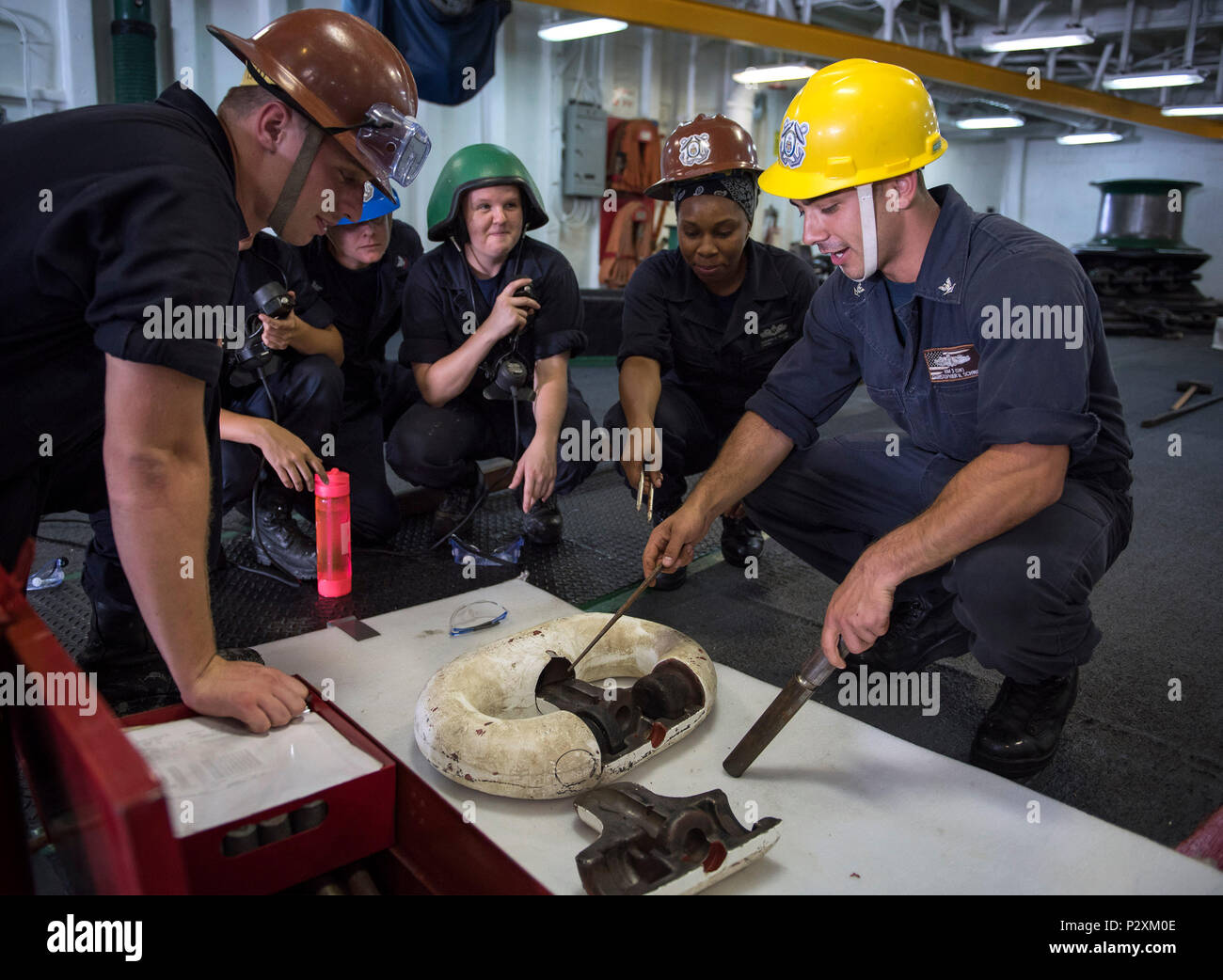 160808-N-WF272-025 SASEBO HARBOR (Aug. 8, 2016) Boatswain's Mate 3rd Class Christopher Schwall (far right), from Detroit, trains deck department Sailors on the components of a detachable link on the forecastle of amphibious assault ship USS Bonhomme Richard (LHD 6). Detachable links are used to join sections of anchor chain and are often painted white. Bonhomme Richard (BHR) is the flagship of the BHR Expeditionary Strike Group, is operating in the U.S. 7th Fleet area of operations in support of security and stability in the Indo-Asia-Pacific region. (U.S. Navy photo by Mass Communication Spec Stock Photo