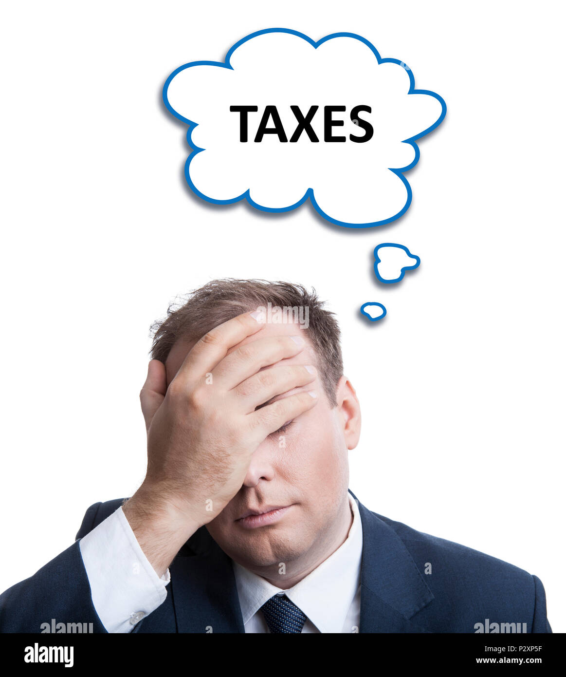 portrait of a man thinking about taxes with a cloud isolated Stock