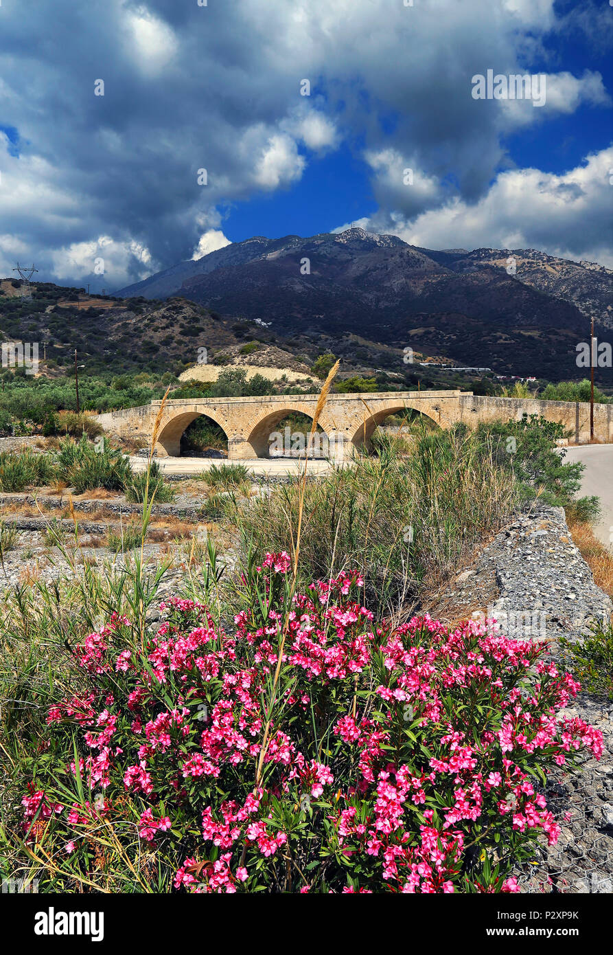 Old stone arched bridge (built in 1884) near Myrtos village, Ierapetra Municipality, Crete island, Greece. Stock Photo
