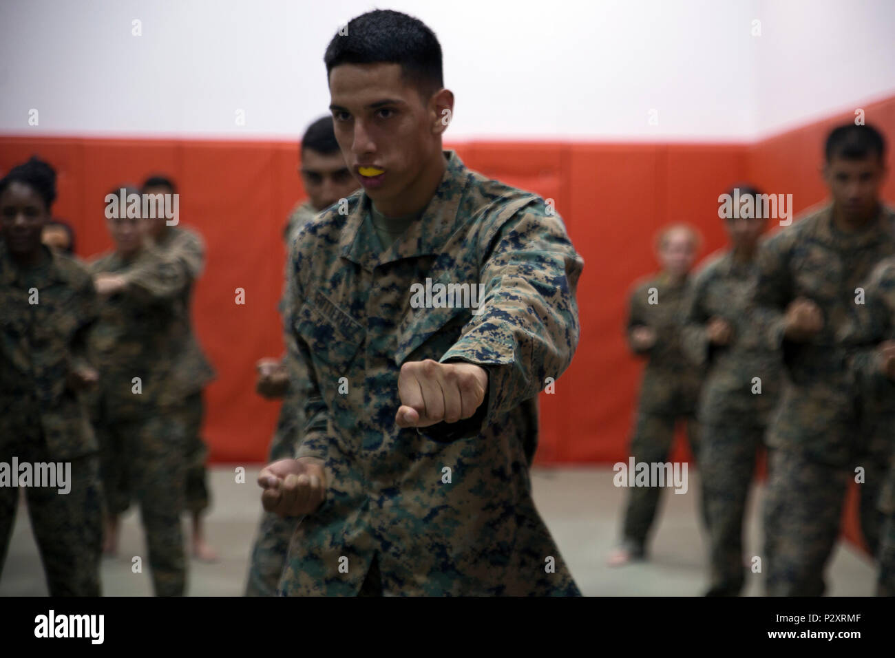 Cpl. Cesar Gutierrez practices his karate stance Aug. 10 at Gunner’s