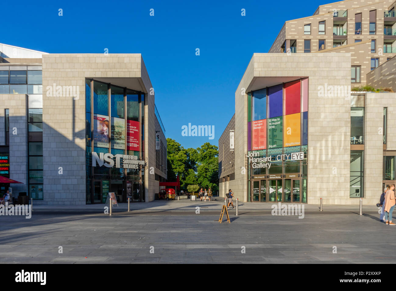 The cultural quarter in Guildhall Square with the John Hansard gallery to the right and the Nuffield Theatre (NST) to the left in Southampton 2018, UK Stock Photo