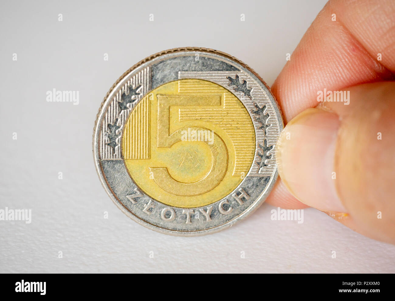 A five zloty coin, Polish currency close up Stock Photo
