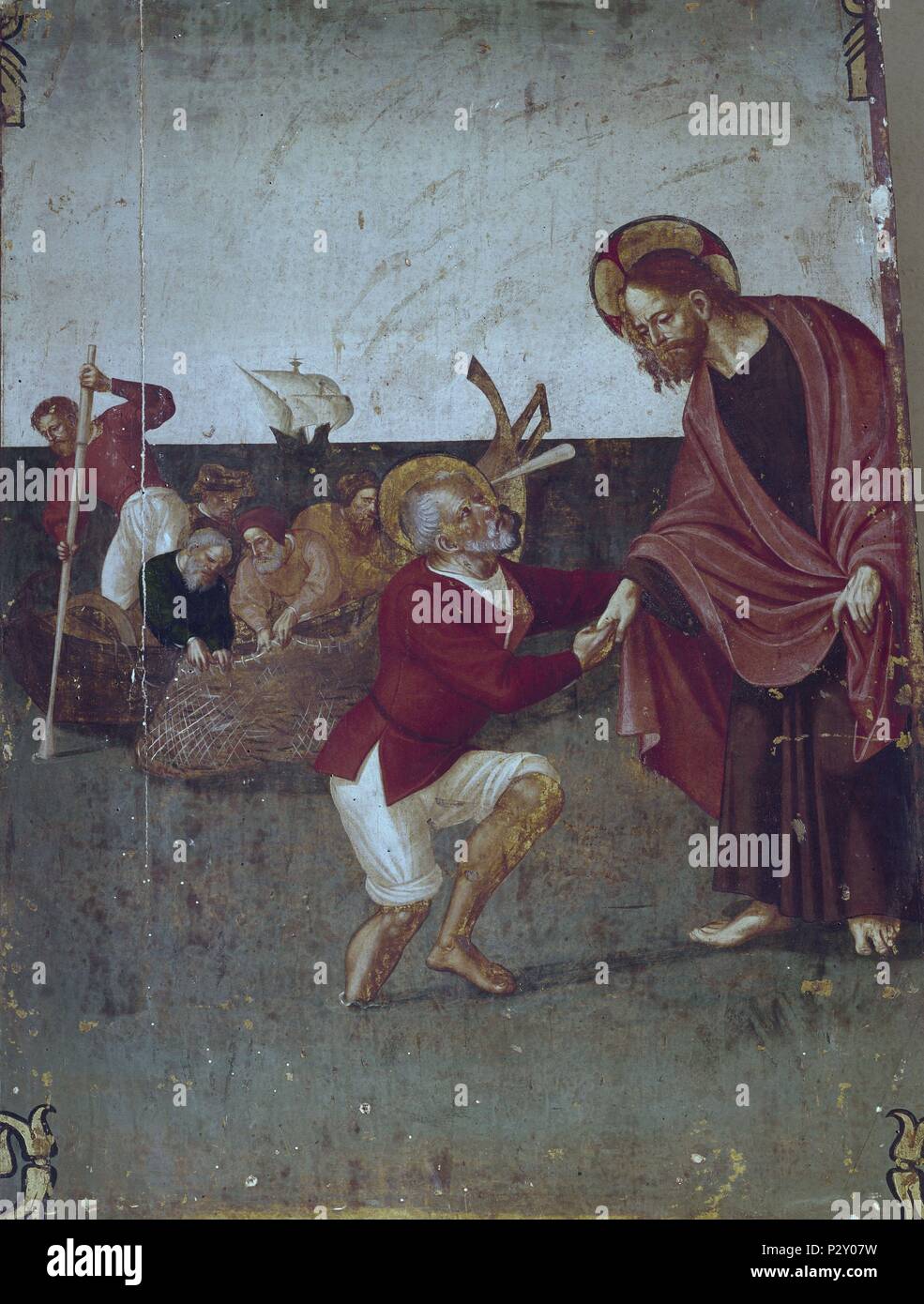 RETABLO DE MONTEAGUDO-SAN  PEDRO LLEGA A JESUS SOBRE LAS AGUAS. Author: Pere Matas (14th cent.). Location: CATEDRAL-MUSEO DIOCESANO, GERONA, SPAIN. Stock Photo