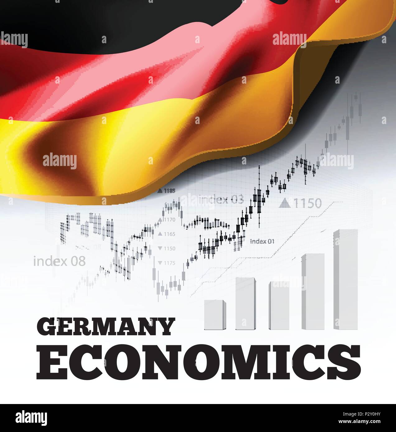 Germany economics vector illustration with german flag and business chart, bar chart stock numbers bull market, uptrend line graph symbolizes the growth Stock Vector