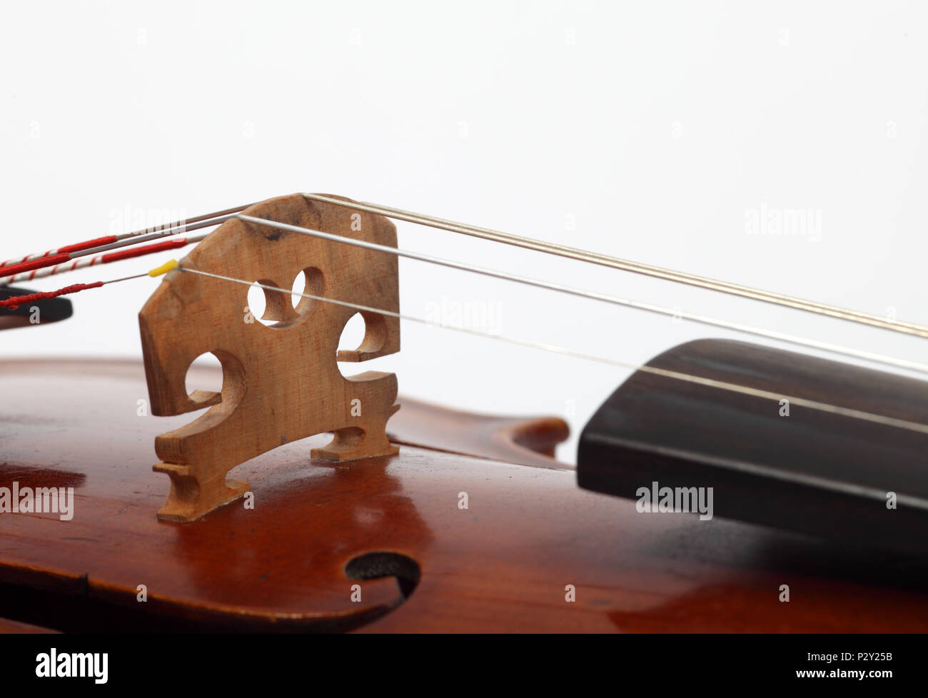 generic, close up of violins and parts of violins - bridge and strings Stock Photo