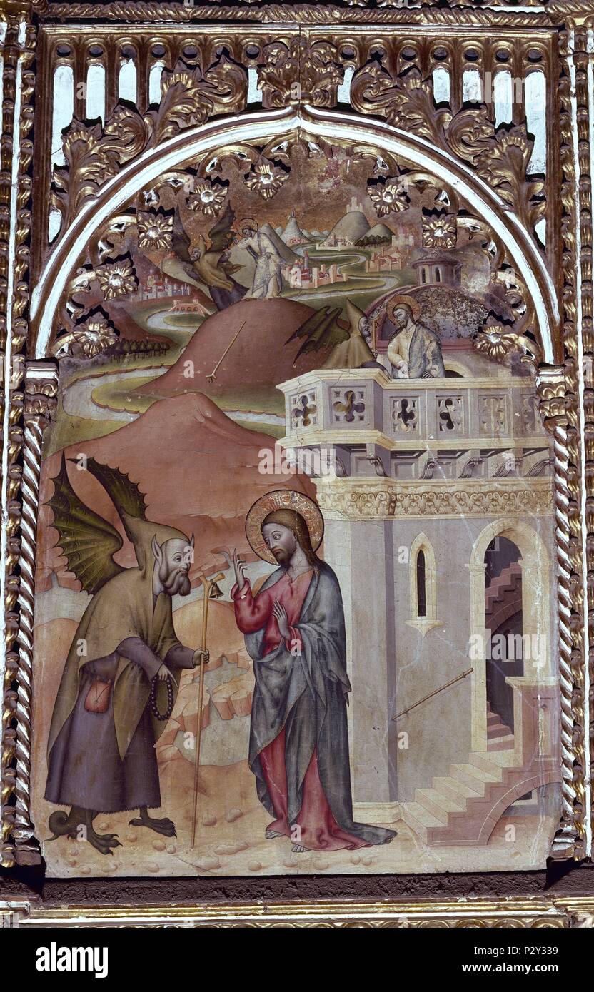 Jesus' Temptations While in the Desert. Jesus' Life. Salamanca, Old Cathedral. Author: Nicolò Delli (1403-1470). Location: CATEDRAL VIEJA, SALAMANCA, SPAIN. Stock Photo