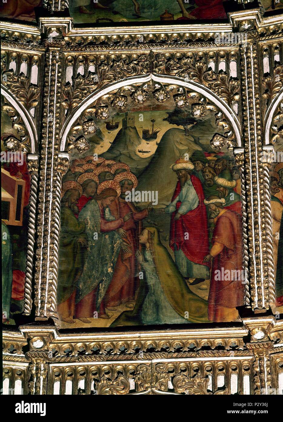 Jesus and the Adulteress. (Jesús y la mujer adultera). Salamanca, Old Cathedral. Author: Nicolò Delli (1403-1470). Location: CATEDRAL VIEJA, SALAMANCA, SPAIN. Stock Photo