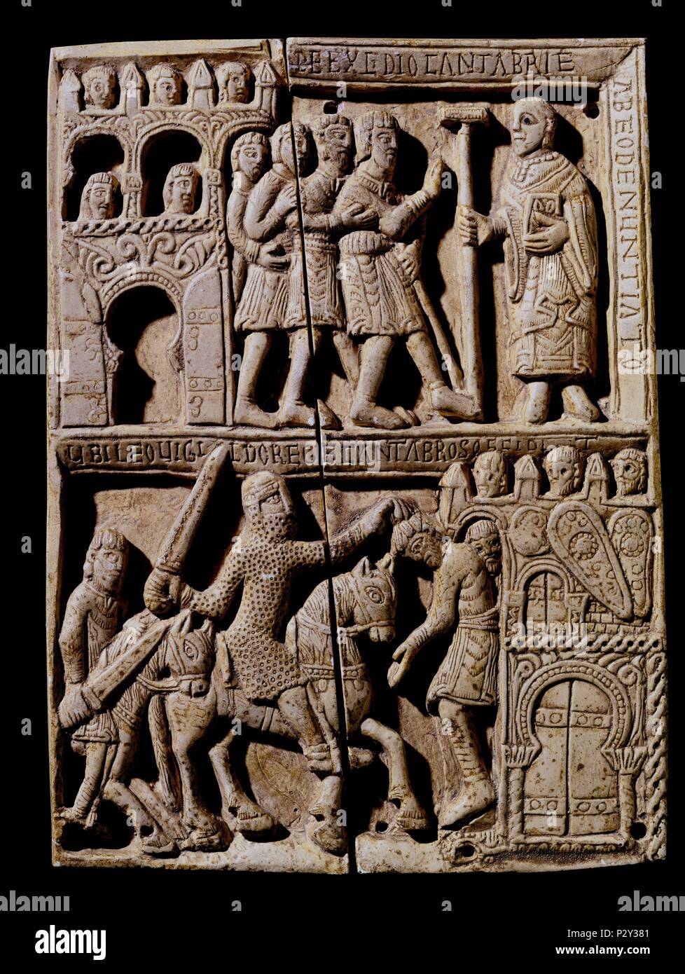 Ivory box from San Millan de la Cogolla. Capture of the Cantabria by Leovigildo. 11th century. Romanesque art. Madrid, National Museum of Archeology. Location: MUSEO ARQUEOLOGICO NACIONAL-COLECCION, MADRID, SPAIN. Stock Photo