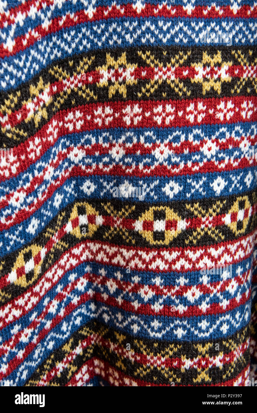 Great Britain, Shetland, Fair Isle. Detail of traditional Fair Isle wool sweaters. Stock Photo