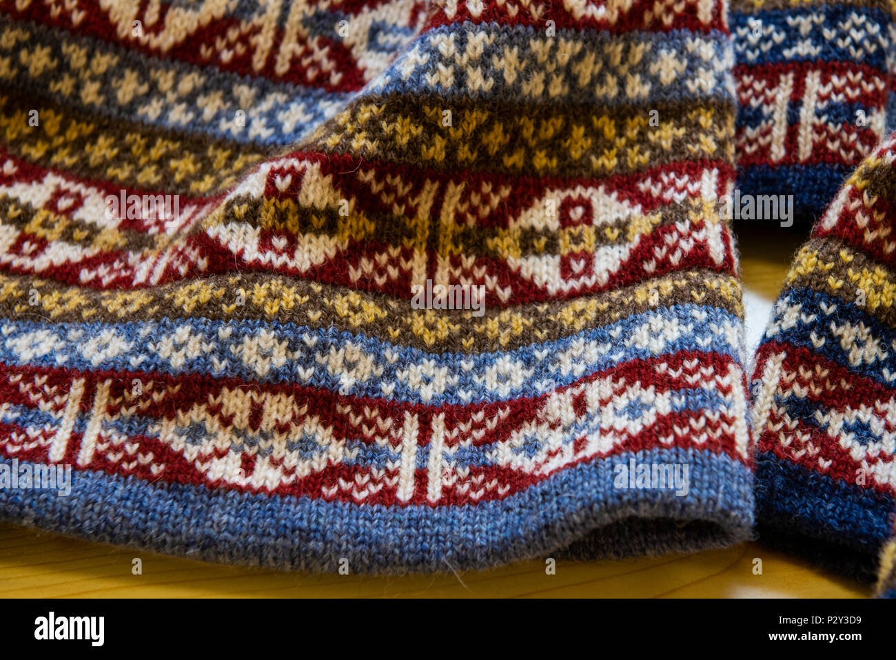 Great Britain, Shetland, Fair Isle. Detail of traditional Fair Isle wool hats. Stock Photo