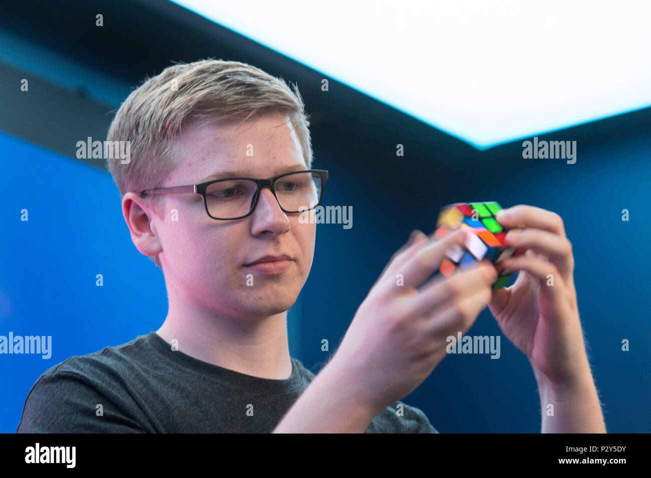 Philipp Weyer on his way to winning the speedcubing category during the UK  qualifier for the Red Bull Rubik&Otilde;s Cube World Championship, at the Red  Bull Gaming Sphere, east London Stock Photo -