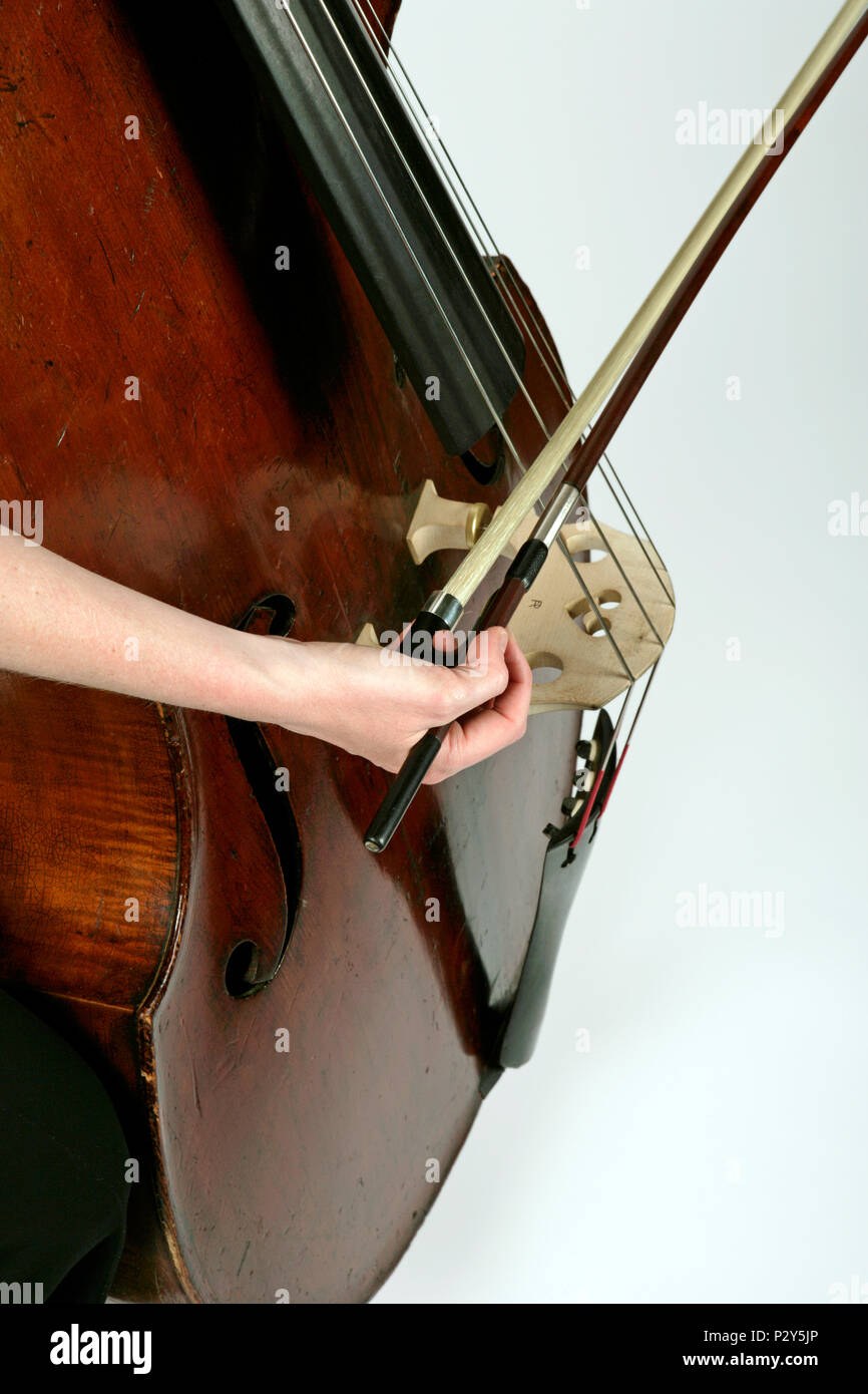 Generic Double Bass bow on the string. Playing position and bow grip