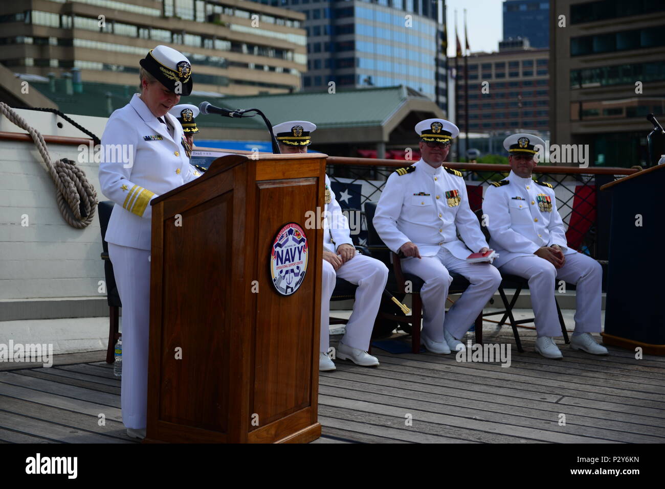 160806-N-DD899-206 BALTIMORE, Md. (Aug. 8, 2016) Vice Adm. Robin R. Braun, left, Chief of Navy Reserve, Commander, Navy Reserve Force, delivers remarks during the Navy Operational Support Center (NOSC) Batimore change of command ceremony aboard USS Constellation in Baltimore Inner Harbor. Cmdr. Tasya Lacy relieved Cmdr. John B. Downes as the NOSC Baltimore commanding officer. (U.S. Navy photo by Mass Communication Specialist 1st Class Sharay Bennett/Released) Stock Photo