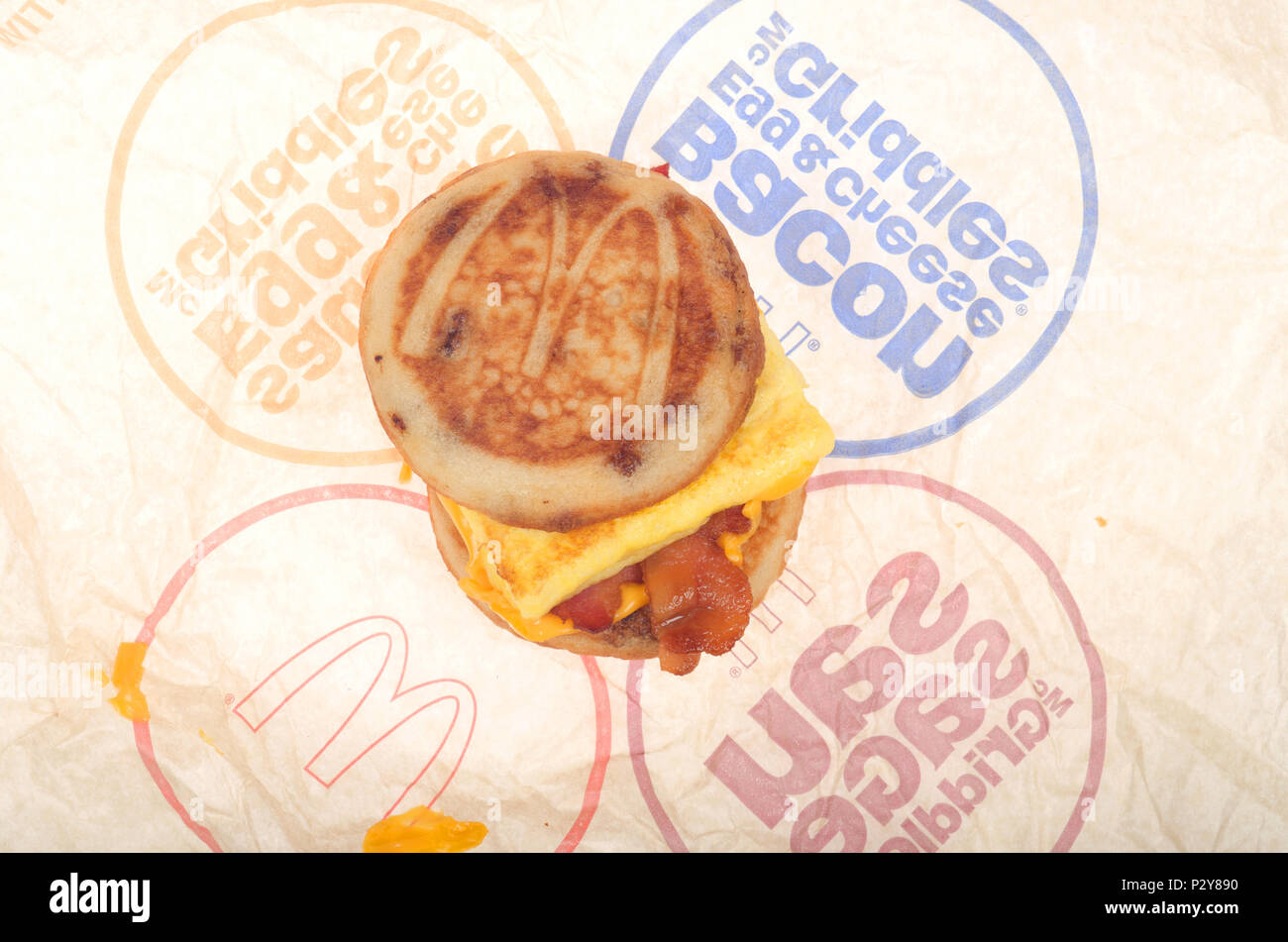 McDonald’s bacon, egg and cheese McGriddle on wrapper Stock Photo