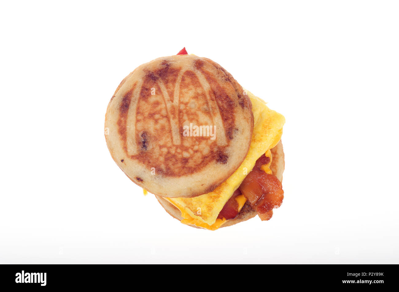 McDonald's Bacon, Egg and cheese McGriddle on white background Stock