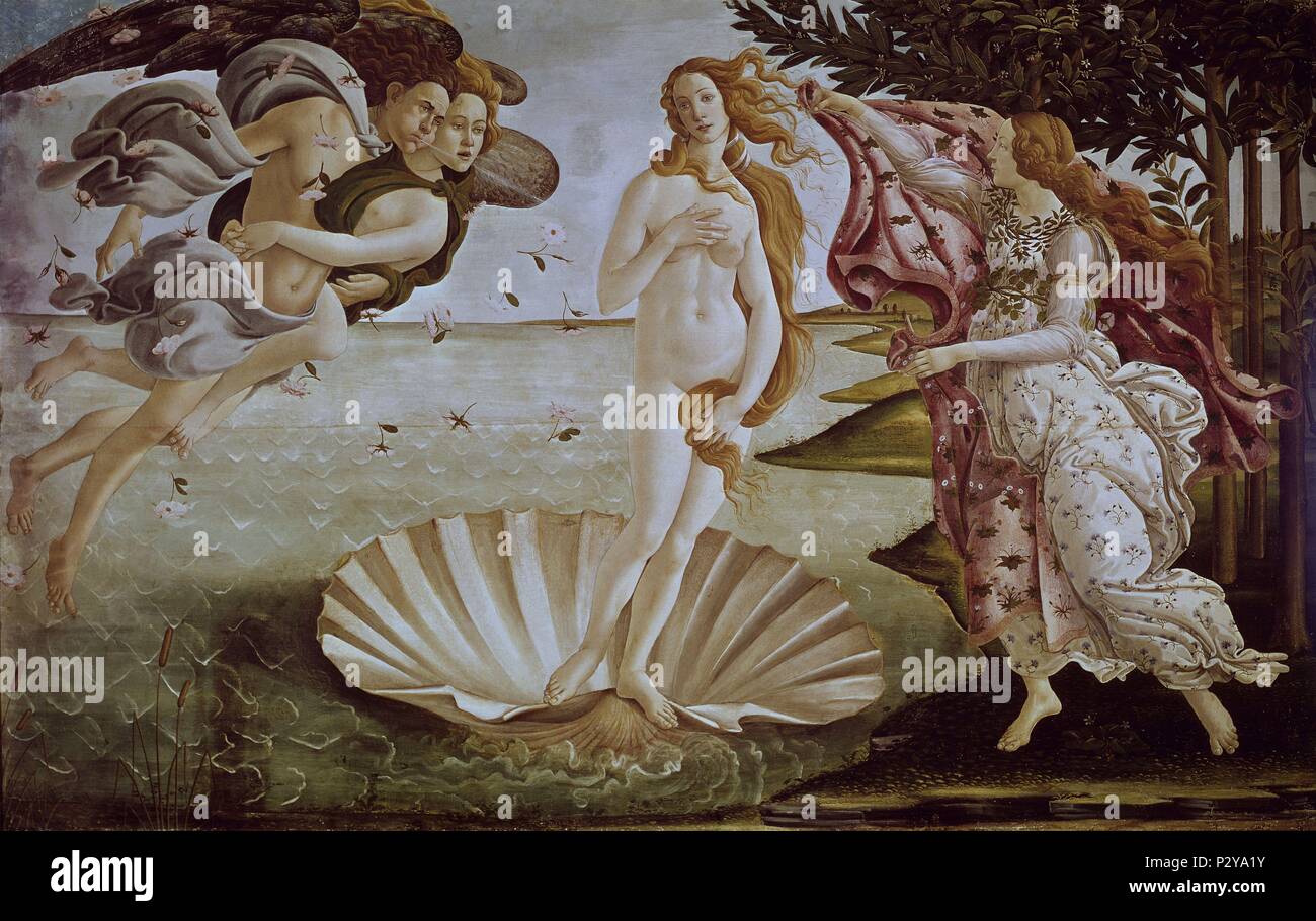 The Birth of Venus - ca. 1485 - 172'5x278'5 cm - tempera on canvas - before restoration. Author: Sandro Botticelli (1445-1510). Location: GALERIA DE LOS UFFIZI, FLORENZ, ITALIA. Also known as: EL NACIMIENTO DE VENUS. Stock Photo