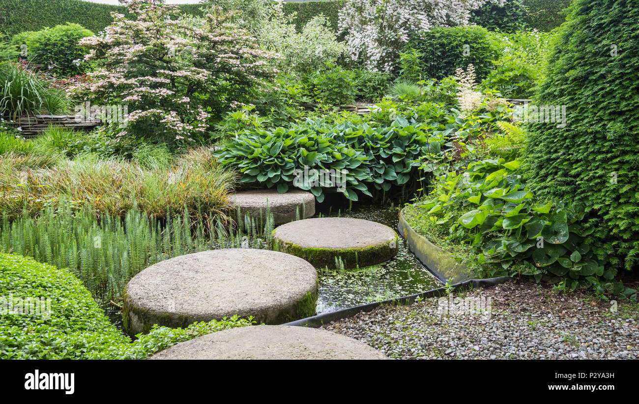 Garden design with pond and patio Stock Photo