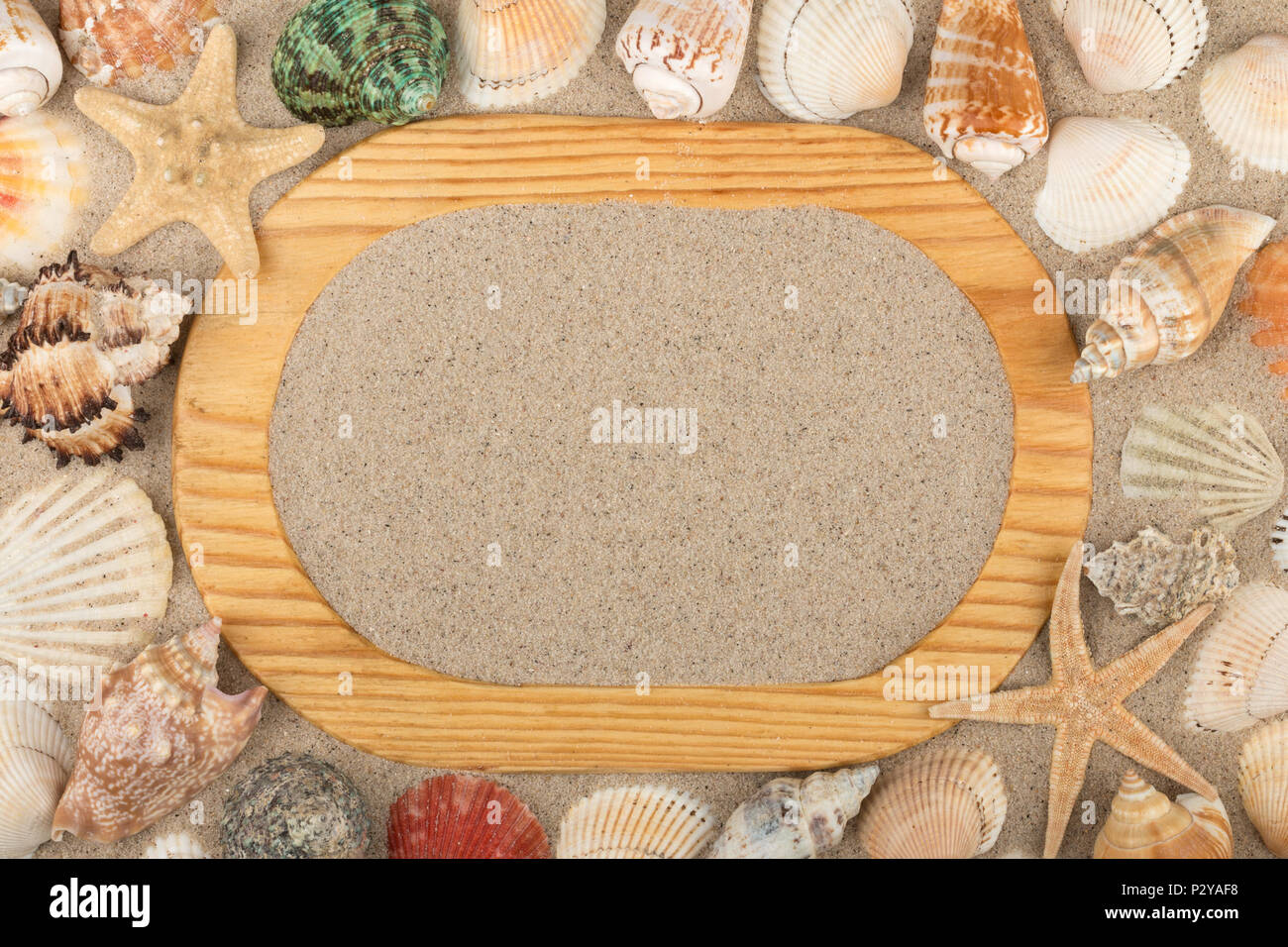 Wooden frame cut from a solid board, lies seashells and starfish on the sand. With space for your text. View from above Stock Photo
