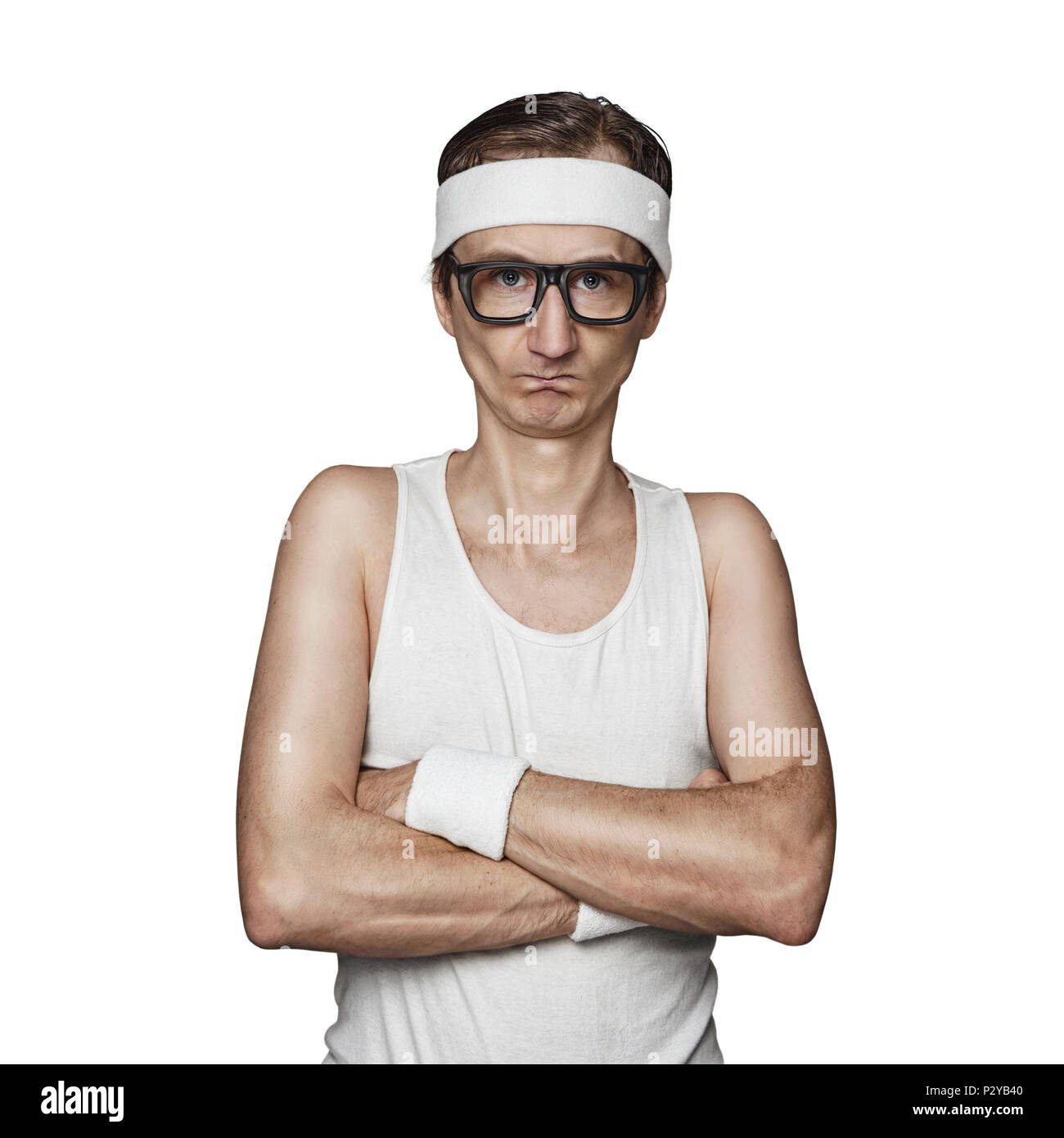 Funny sport nerd pretending tough guy isolated on white background ...