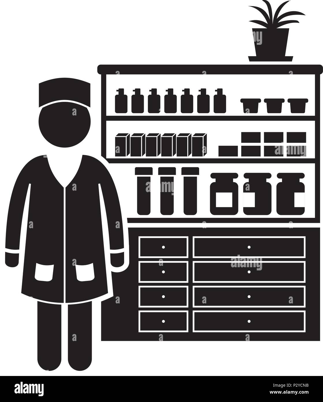 Pharmacist woman near the showcase with drug and pills. Black and white vector icon Stock Vector