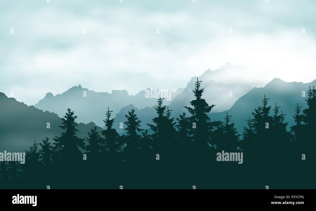 Realistic illustration of a coniferous forest in a mountain landscape in a haze under a green sky with clouds - vector Stock Vector