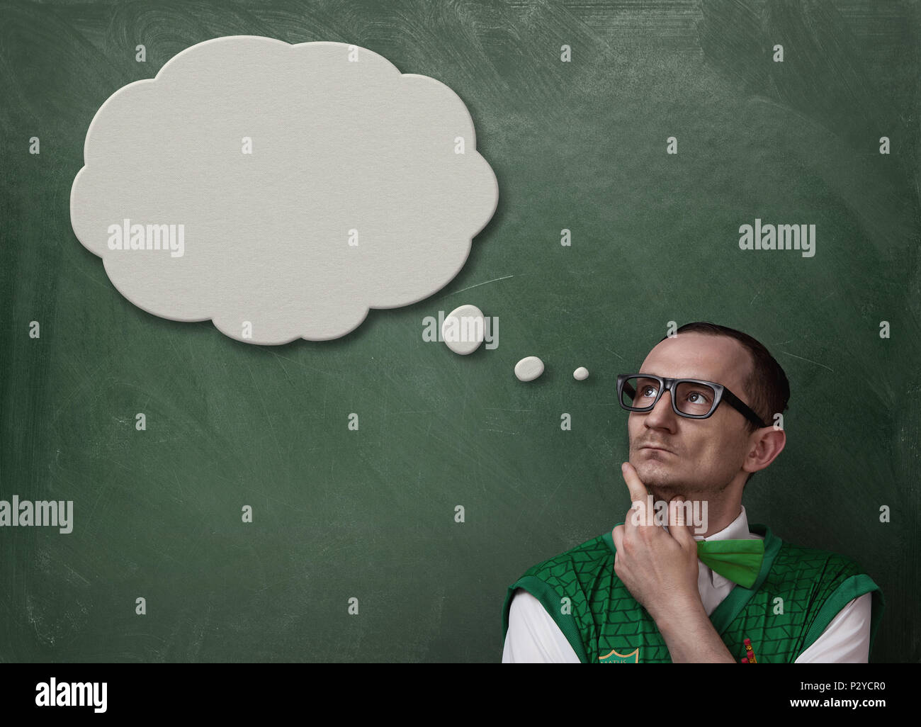 Funny retro nerd thinking with copy space Stock Photo