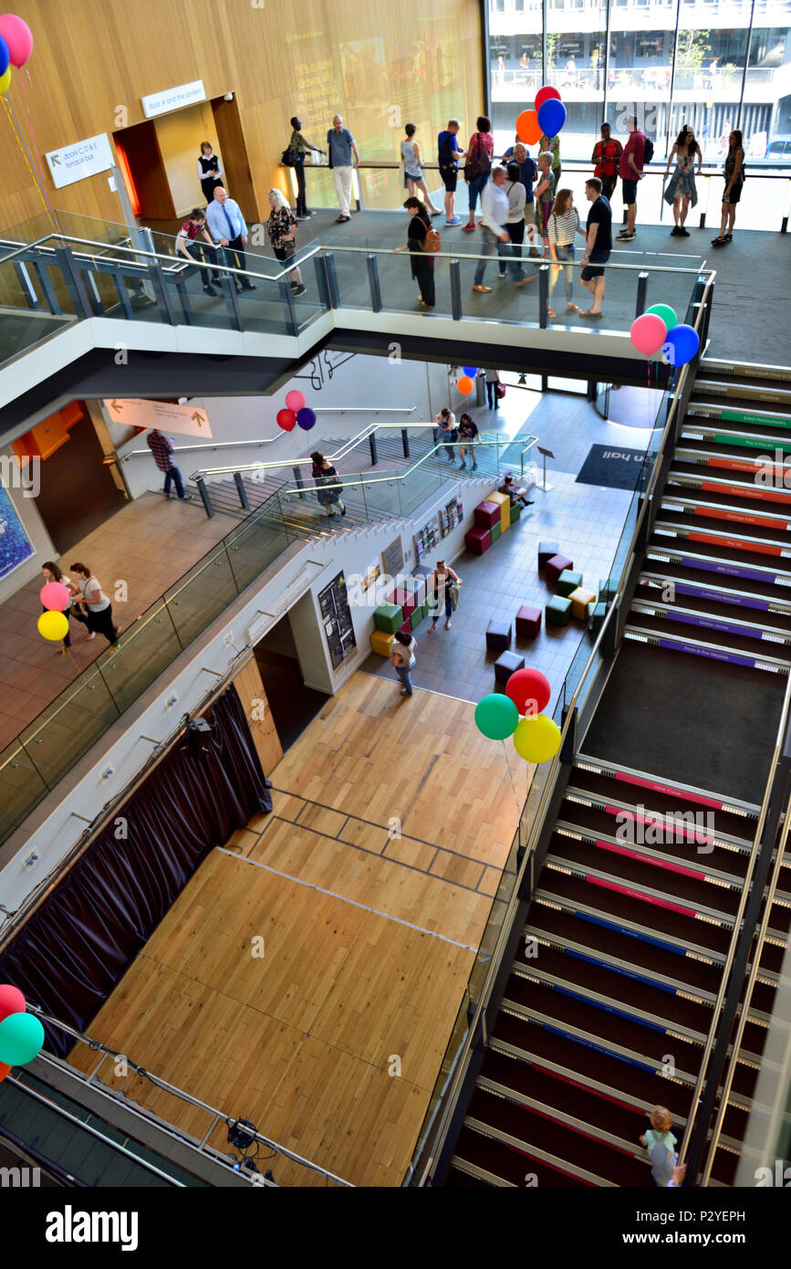 Inside the 1867 concert hall refurbished foyer space, which opened in 2009, of Colston Hall, Bristol, UK. The main hall will be closed and refurbished Stock Photo