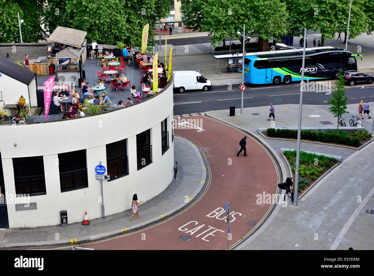 Bus lane in Bristol city centre and rooftop restaurant, bar, UK Stock Photo