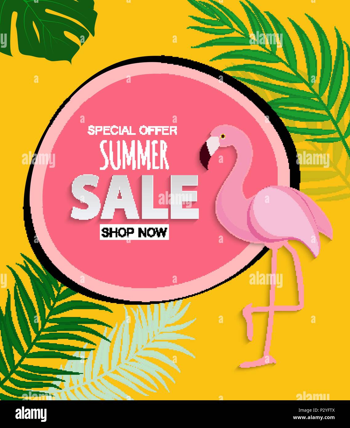 Abstract Tropical Summer Sale Background with Flamingo and Leaves ...