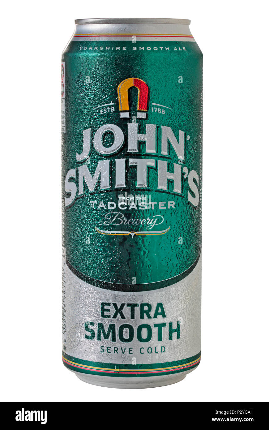A cold can of John Smiths Extra Smooth with condensation isolated on a white background Stock Photo