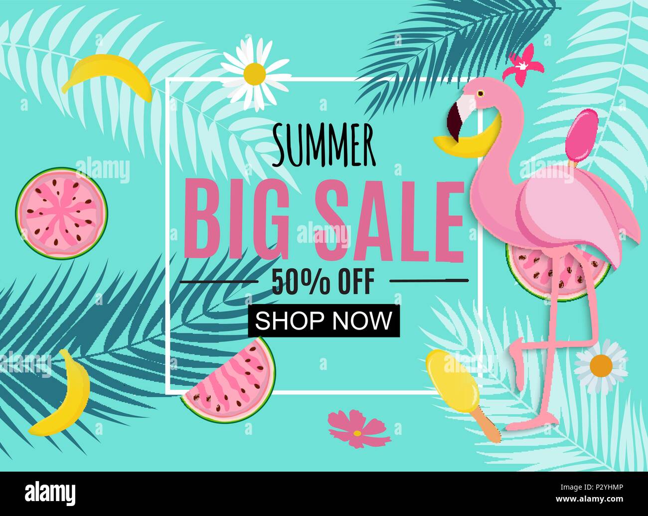 Abstract Tropical Summer Sale Background with Flamingo and Leaves ...