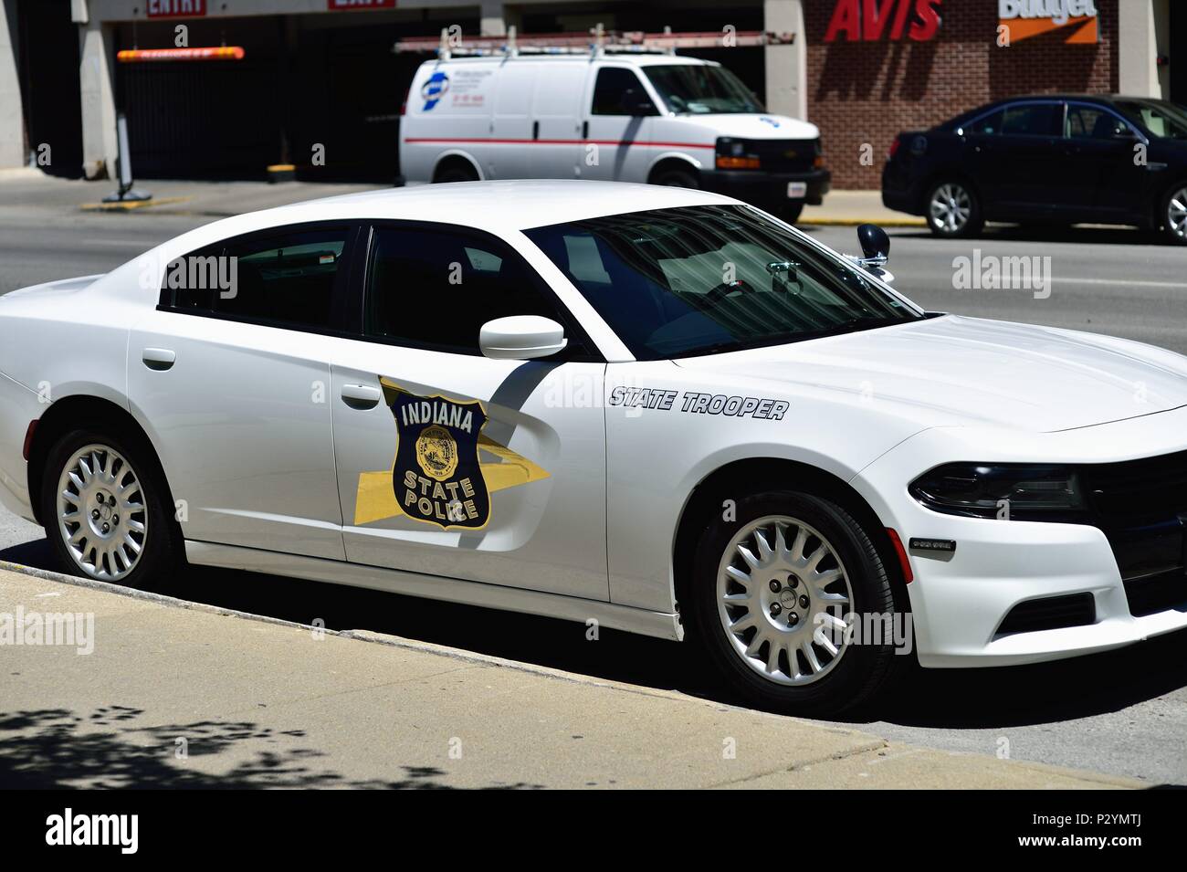 Indianapolis, Indiana, USA. An Indiana State Police cruiser parked in front of the state capitol building in downtown Indianapolis. Stock Photo