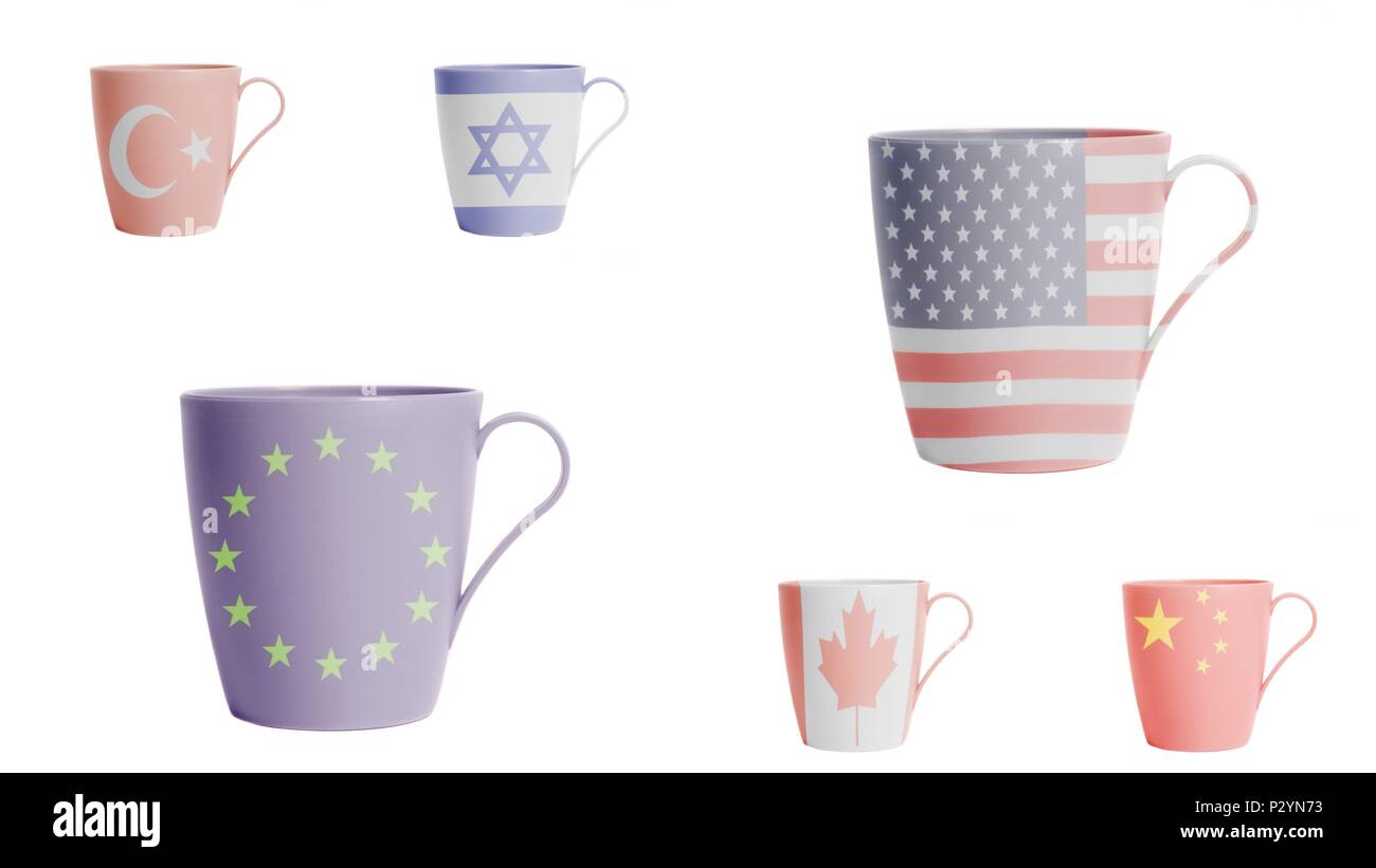 Cups with USA,Canada,European Union,Turkish, Israel ,China flags Stock Photo
