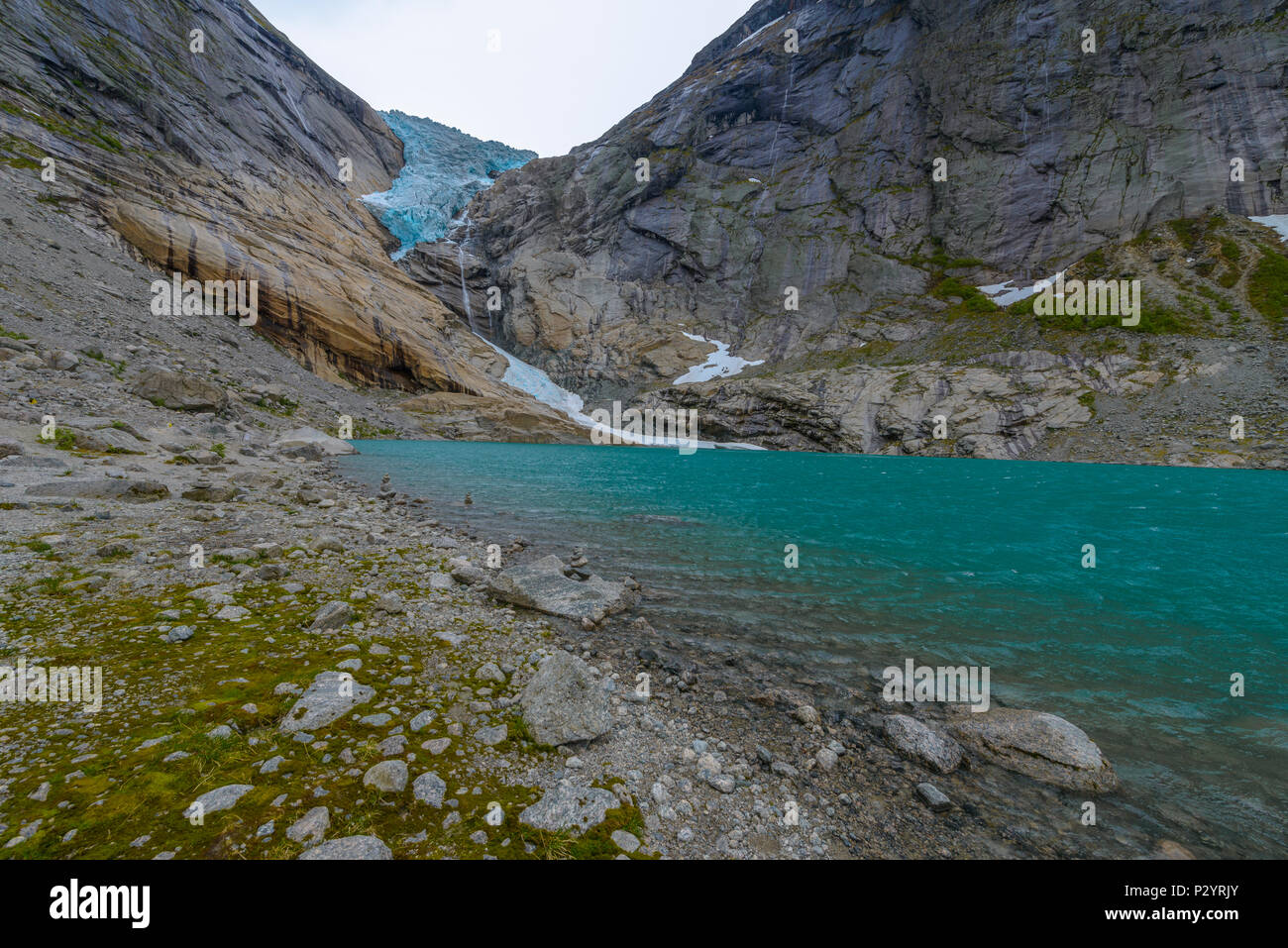 Glacier Briksdal in national park- calm view from the lake Stock Photo