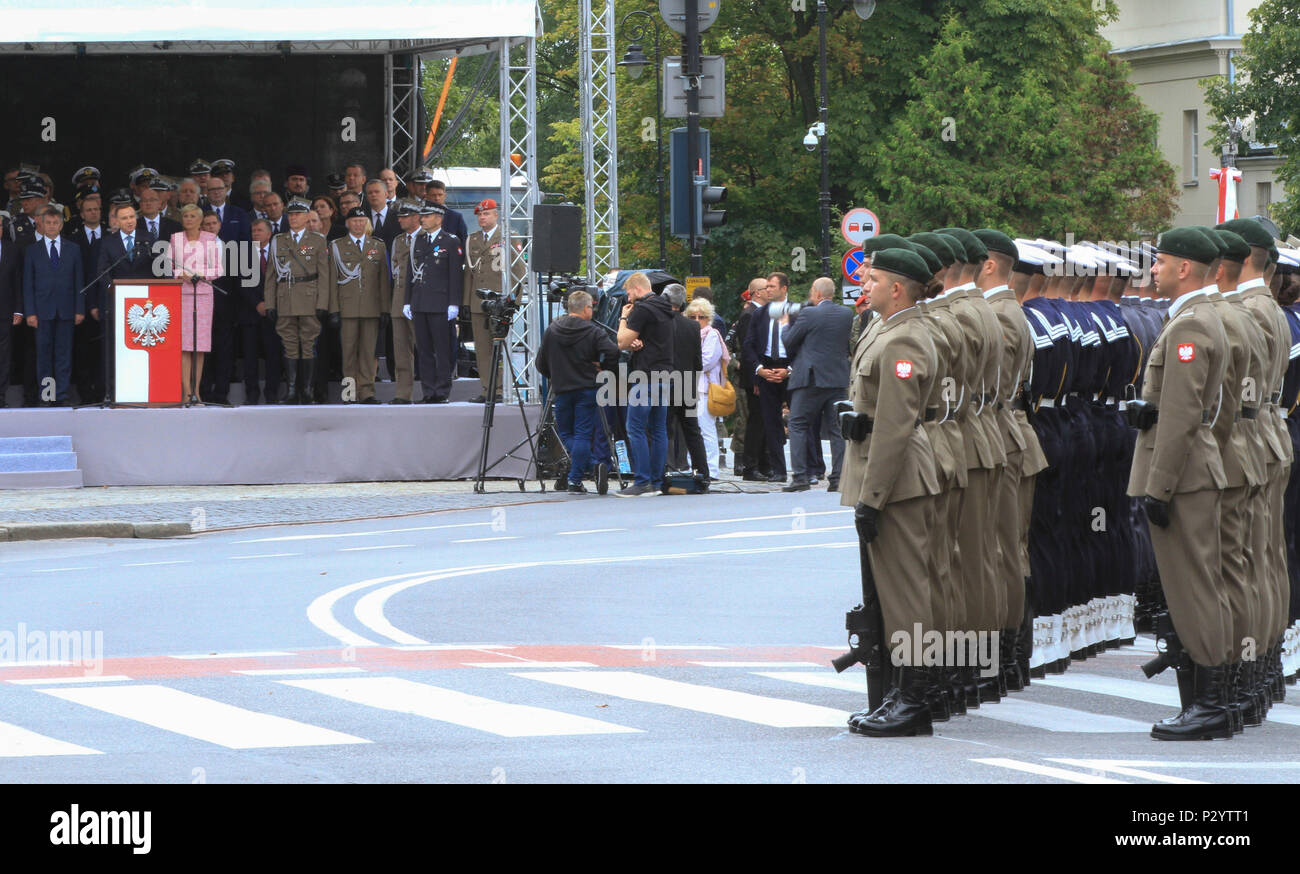 WARSAW, Poland – The President of Poland, Commander-in-Chief of the Polish Armed Forces, Andrzej Duda makes his address to soldiers and guests of the Armed Forces Day Parade in Warsaw, Poland, Aug. 15, 2016. The parade, held annually in the capital, commemorates the 96th anniversary of the Polish victory over Soviet Russia at the Battle of Warsaw in 1920 during the Polish-Soviet War. The event included participation from over one thousand Polish soldiers and soldiers from several allied countries including U.S. Soldiers of Company D, 3rd Combined Arms Battalion, 69th Armor Regiment, 3rd Infant Stock Photo