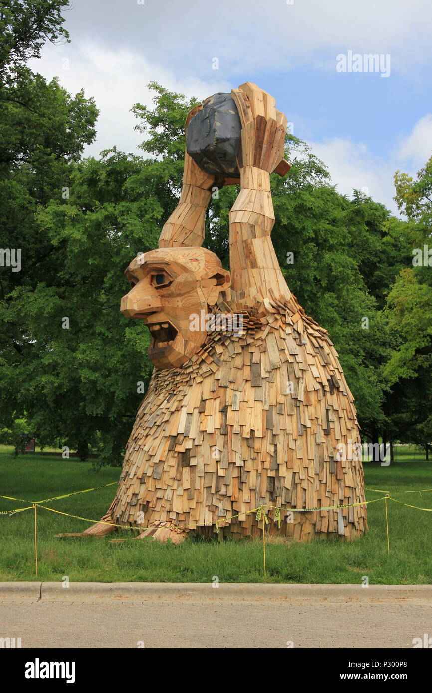 Gigantic wooden troll at the Morton Arboretum in Lisle, Illinois Stock