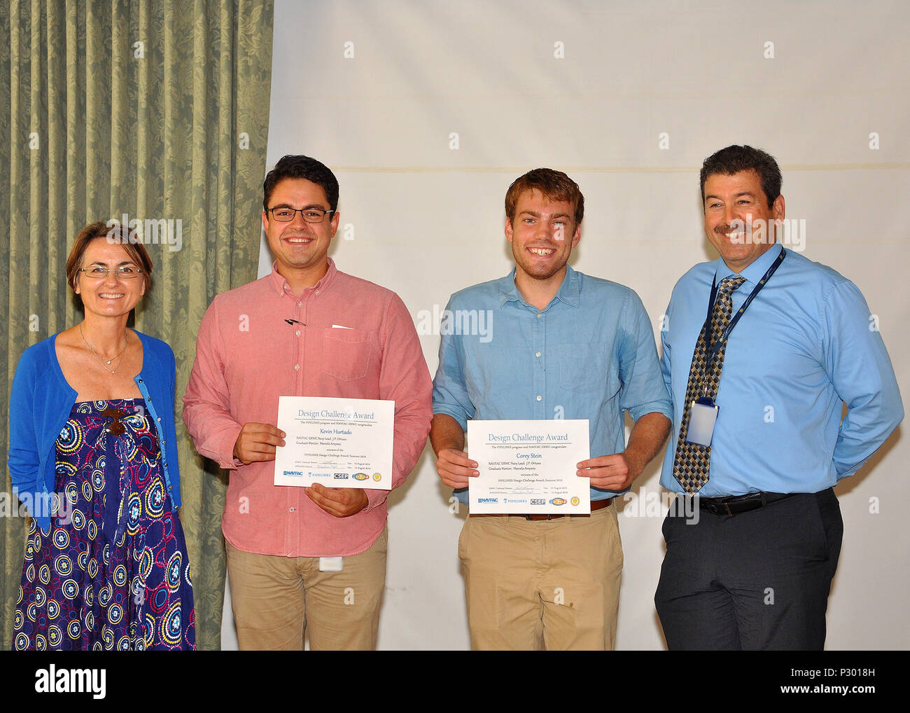 160812-N-QU339-093  PORT HUENEME, Calif. - Winners of the Powerful Engagement and Learning In Naval Engineering and Science (PIPELINES), Design Challenge Awards, were announced August 12, at the Bard Mansion on Naval Base Ventura County. PIPELINES, a collaboration between Naval Facilities Engineering Command (NAVFAC) Engineering and Expeditionary Warfare Center (EXWC) and the University of California, Santa Barbara (UCSB) is part of the Science, Technology, Engineering and Math (STEM) program. (left to right) UCSB Center for Science and Engineering Partnerships Program Director Mariateresa Nap Stock Photo